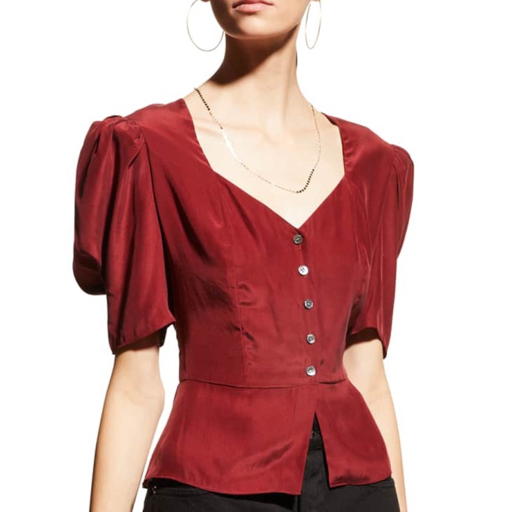 FRAME Shirred Silk Peplum Blouse in OXBLOOD NWOT